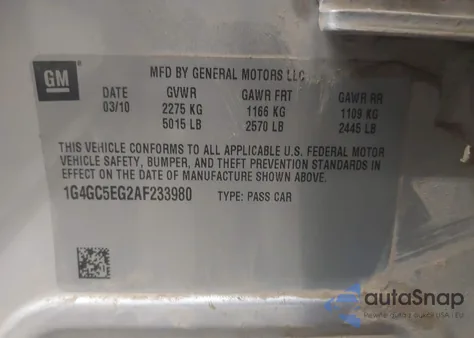 2010 Buick Lacrosse Cxl z USA, uszkodzony, nr VIN 1G4GC5EG2AF233980